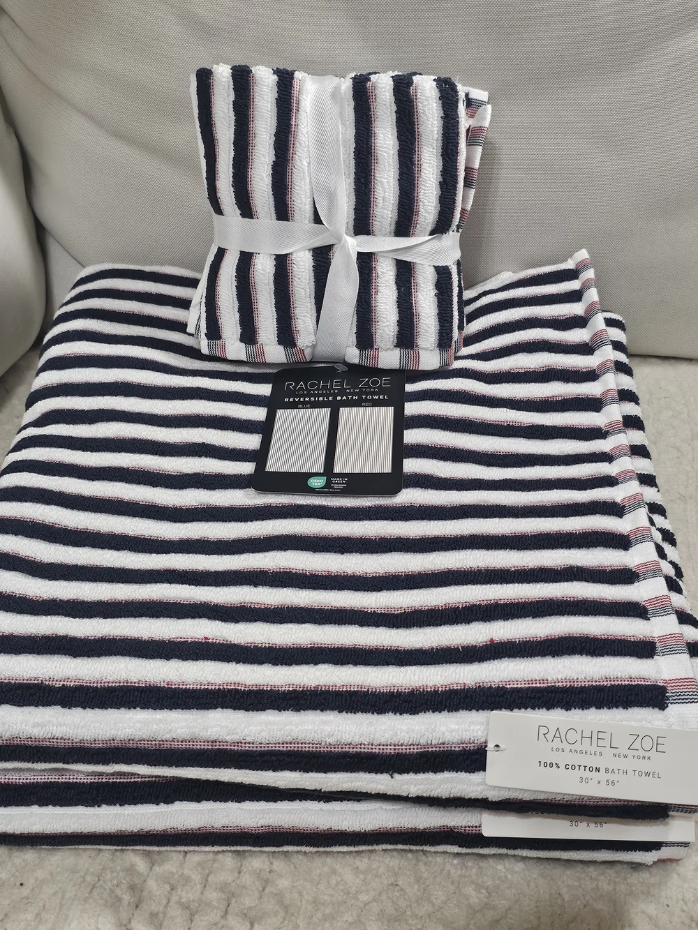 Rachel Zoe Bath 2 Towels Reversible Navy, White Red Striped Cotton & 4 wash clot
